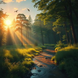 A serene landscape depicting a tranquil forest at sunset, with golden sunlight filtering through the trees, creating dappled shadows on a gentle stream flowing through lush greenery