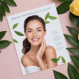 Generate a brochure featuring high-quality images of botanical extracts, essential oils, women with glowing skin, under the tagline 'Discover Radiant Beauty with Her Skin By Kath Melendez'.