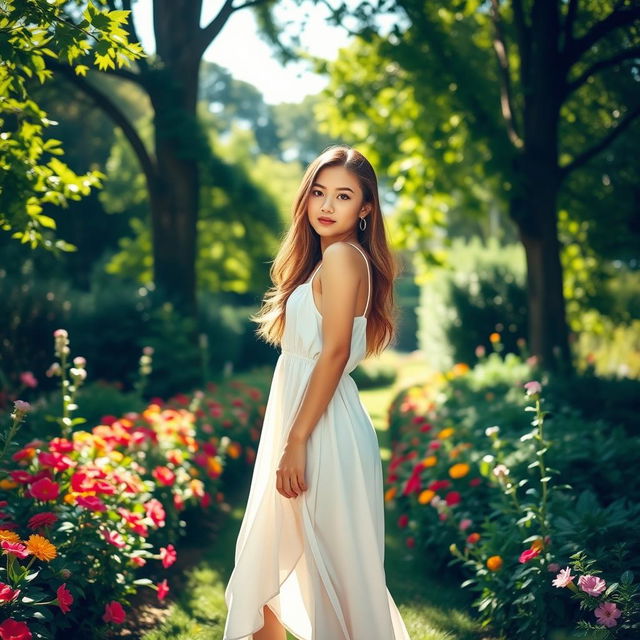 An attractive young woman standing in a picturesque garden, with lush greenery and colorful flowers surrounding her