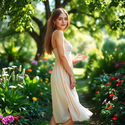 An attractive young woman standing in a picturesque garden, with lush greenery and colorful flowers surrounding her