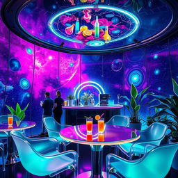 A futuristic floating space café with glass walls providing a mesmerizing view of stars and nebulae