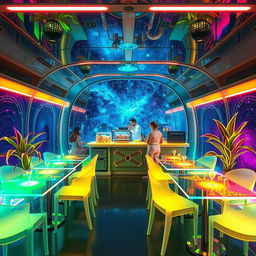 A futuristic floating space café with glass walls providing a mesmerizing view of stars and nebulae