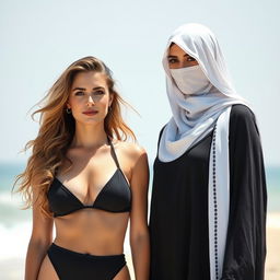 A captivating image of two white-skinned women, one with a European mix hairstyle and the other wearing an Arab burqa