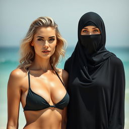 A captivating image of two white-skinned women, one with a European mix hairstyle and the other wearing an Arab burqa