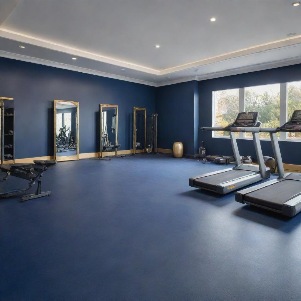 A sophisticated fitness gym interior painted in elegant navy blue, complemented by gold accents. Modern fitness equipment is arranged neatly, including treadmills, weight machines, and yoga mats. The atmosphere conveys a high-end, exclusive feeling.