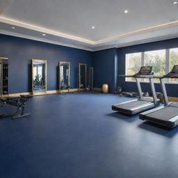 A sophisticated fitness gym interior painted in elegant navy blue, complemented by gold accents. Modern fitness equipment is arranged neatly, including treadmills, weight machines, and yoga mats. The atmosphere conveys a high-end, exclusive feeling.