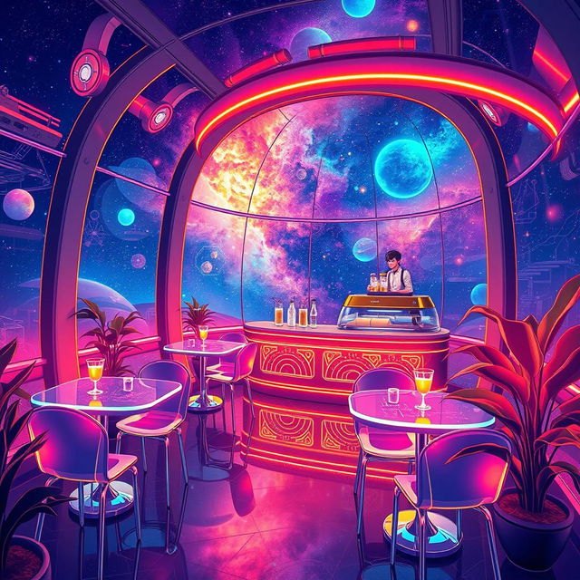 A floating space café with glass walls that showcase the mesmerizing view of stars and nebulae