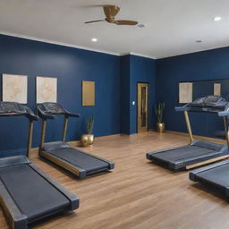 A sophisticated fitness gym interior painted in elegant navy blue, complemented by gold accents. Modern fitness equipment is arranged neatly, including treadmills, weight machines, and yoga mats. The atmosphere conveys a high-end, exclusive feeling.