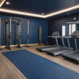 A sophisticated fitness gym interior painted in elegant navy blue, complemented by gold accents. Modern fitness equipment is arranged neatly, including treadmills, weight machines, and yoga mats. The atmosphere conveys a high-end, exclusive feeling.