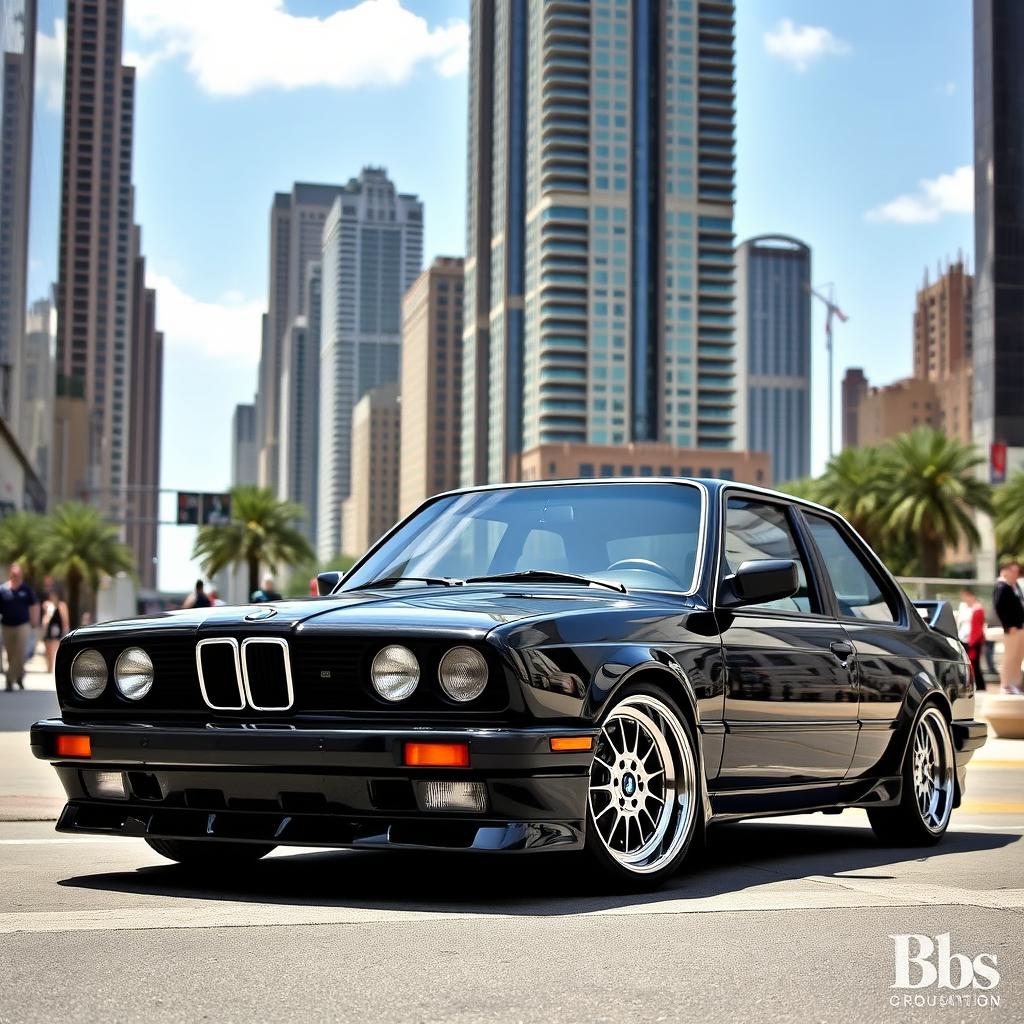 Black BMW E30 Coupe with stylish BBS rims, parked in an urban setting with tall skyscrapers in the background, surrounded by a bustling city atmosphere