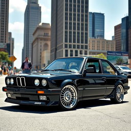 Black BMW E30 Coupe with stylish BBS rims, parked in an urban setting with tall skyscrapers in the background, surrounded by a bustling city atmosphere