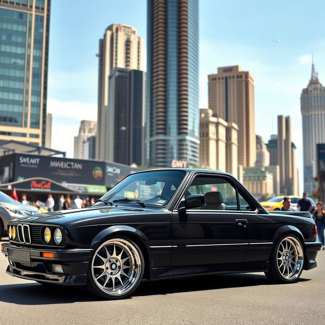 Black BMW E30 Coupe with stylish BBS rims, parked in an urban setting with tall skyscrapers in the background, surrounded by a bustling city atmosphere