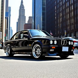 Black BMW E30 Coupe with stylish BBS rims, parked in an urban setting with tall skyscrapers in the background, surrounded by a bustling city atmosphere