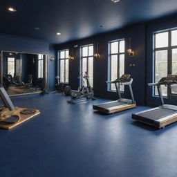 A sophisticated fitness gym interior painted in elegant navy blue, complemented by gold accents. Modern fitness equipment is arranged neatly, including treadmills, weight machines, and yoga mats. The atmosphere conveys a high-end, exclusive feeling.