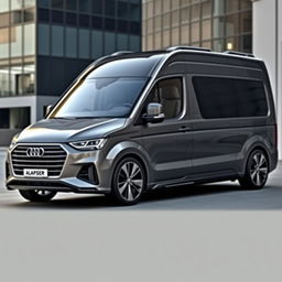 A futuristic Audi vehicle designed to resemble a Mercedes Benz Sprinter, capturing the sleek lines and aerodynamic shape of the Mercedes van with Audi's distinctive, modern design elements