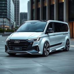 A futuristic Audi vehicle designed to resemble a Mercedes Benz Sprinter, capturing the sleek lines and aerodynamic shape of the Mercedes van with Audi's distinctive, modern design elements