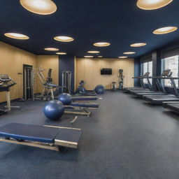 A fully-furnished, sophisticated fitness gym interior in hues of elegant navy blue and luxurious gold. It boasts modern gym equipment like treadmills, weightlifting machines, and aerobic balls, complemented by well-arranged lounge areas and smoothie bar, embodying an elite, health-focused atmosphere.