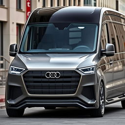 A futuristic Audi vehicle designed to resemble a Mercedes Benz Sprinter, capturing the sleek lines and aerodynamic shape of the Mercedes van with Audi's distinctive, modern design elements