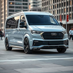 A futuristic Audi vehicle designed to resemble a Mercedes Benz Sprinter, capturing the sleek lines and aerodynamic shape of the Mercedes van with Audi's distinctive, modern design elements