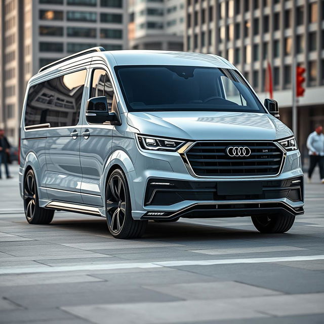 A futuristic Audi vehicle designed to resemble a Mercedes Benz Sprinter, capturing the sleek lines and aerodynamic shape of the Mercedes van with Audi's distinctive, modern design elements