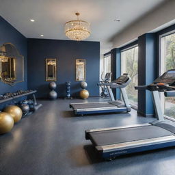 A fully-furnished, sophisticated fitness gym interior in hues of elegant navy blue and luxurious gold. It boasts modern gym equipment like treadmills, weightlifting machines, and aerobic balls, complemented by well-arranged lounge areas and smoothie bar, embodying an elite, health-focused atmosphere.