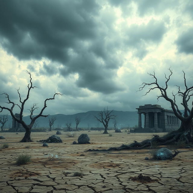 A desolate, ancient landscape evoking the feel of a world forgotten by the divine