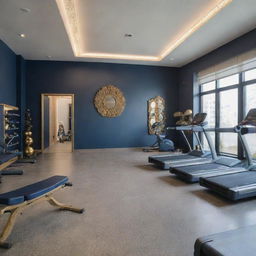 A fully-furnished, sophisticated fitness gym interior in hues of elegant navy blue and luxurious gold. It boasts modern gym equipment like treadmills, weightlifting machines, and aerobic balls, complemented by well-arranged lounge areas and smoothie bar, embodying an elite, health-focused atmosphere.