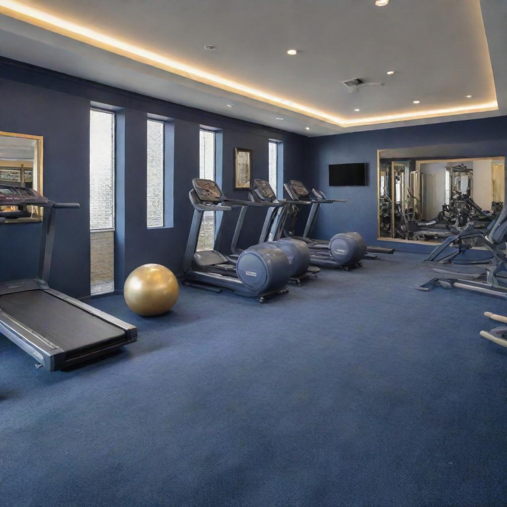 A fully-furnished, sophisticated fitness gym interior in hues of elegant navy blue and luxurious gold. It boasts modern gym equipment like treadmills, weightlifting machines, and aerobic balls, complemented by well-arranged lounge areas and smoothie bar, embodying an elite, health-focused atmosphere.