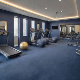 A fully-furnished, sophisticated fitness gym interior in hues of elegant navy blue and luxurious gold. It boasts modern gym equipment like treadmills, weightlifting machines, and aerobic balls, complemented by well-arranged lounge areas and smoothie bar, embodying an elite, health-focused atmosphere.