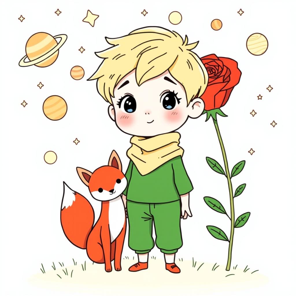 Line art of a young boy with short blonde hair, wearing a simple green outfit and a flowing yellow scarf