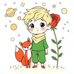 Line art of a young boy with short blonde hair, wearing a simple green outfit and a flowing yellow scarf