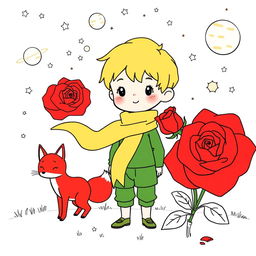 Line art of a young boy with short blonde hair, wearing a simple green outfit and a flowing yellow scarf