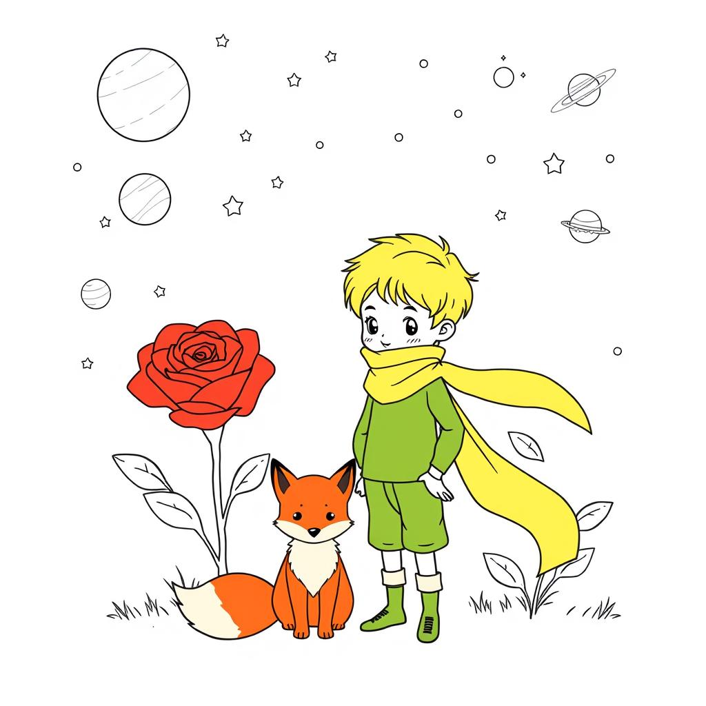 Line art of a young boy with short blonde hair, wearing a simple green outfit and a flowing yellow scarf