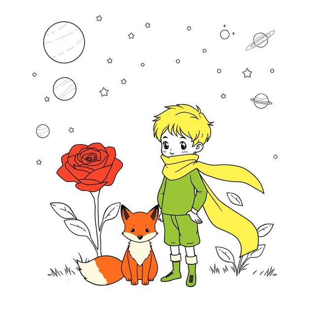 Line art of a young boy with short blonde hair, wearing a simple green outfit and a flowing yellow scarf