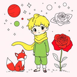 Line art of a young boy with short blonde hair, wearing a simple green outfit and a flowing yellow scarf