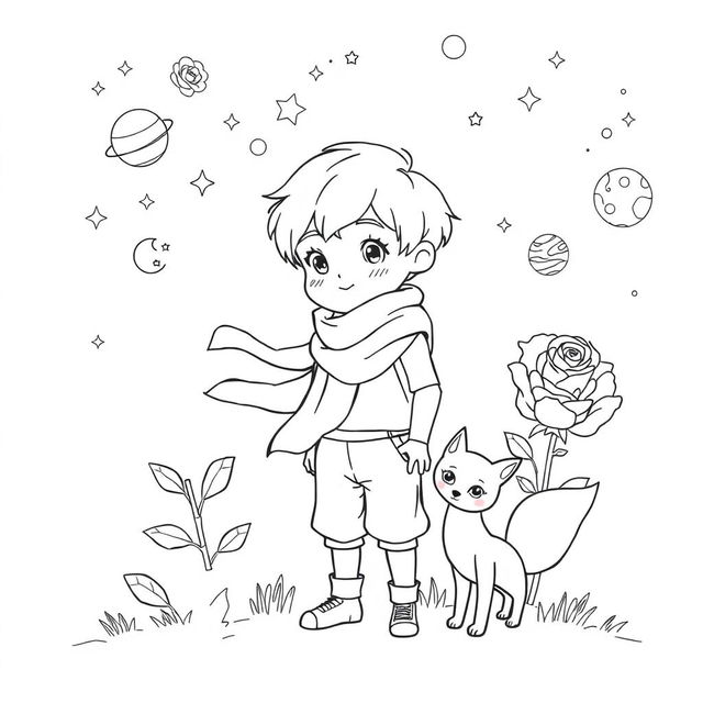 Outline drawing of a young boy with short hair, wearing a simple outfit and a flowing scarf