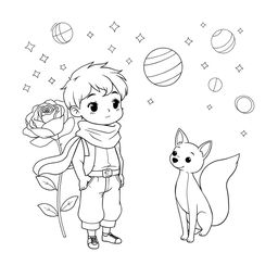 Outline drawing of a young boy with short hair, wearing a simple outfit and a flowing scarf