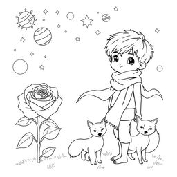 Outline drawing of a young boy with short hair, wearing a simple outfit and a flowing scarf