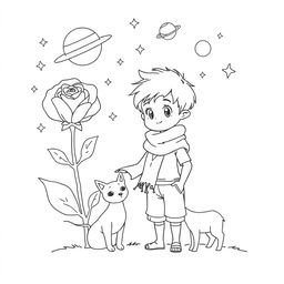 Outline drawing of a young boy with short hair, wearing a simple outfit and a flowing scarf