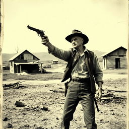 An old newspaper-style image from the 1960s, featuring a man in vintage clothing holding a gun and firing into the air