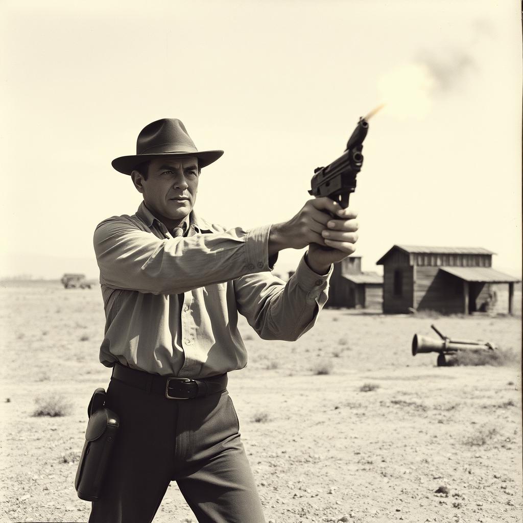 An old newspaper-style image from the 1960s, featuring a man in vintage clothing holding a gun and firing into the air