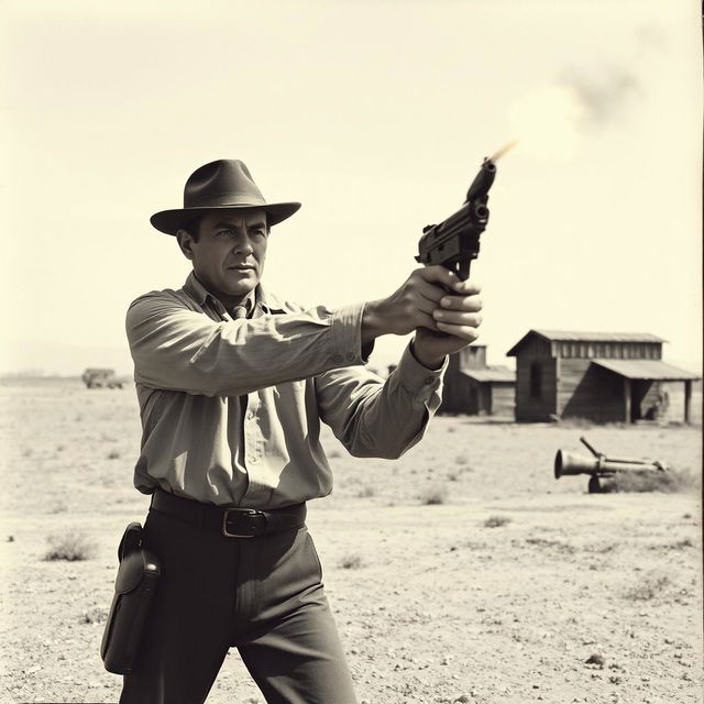 An old newspaper-style image from the 1960s, featuring a man in vintage clothing holding a gun and firing into the air