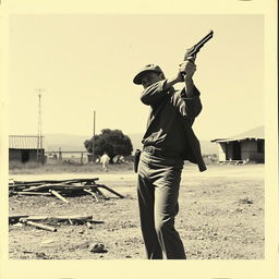 An old newspaper-style image from the 1960s, featuring a man in vintage clothing holding a gun and firing into the air