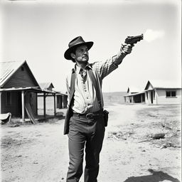 An old newspaper-style image from the 1960s, featuring a man in vintage clothing holding a gun and firing into the air