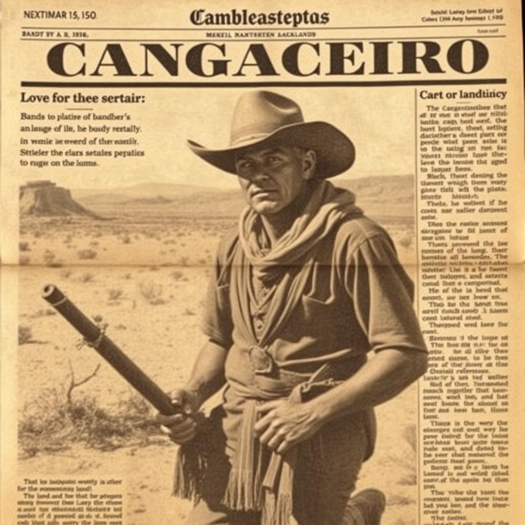 A vintage 1960s newspaper-style image depicting a cangaceiro (bandit of the Brazilian backlands) in the arid northeastern sertão