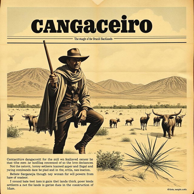 A vintage 1960s newspaper-style image depicting a cangaceiro (bandit of the Brazilian backlands) in the arid northeastern sertão