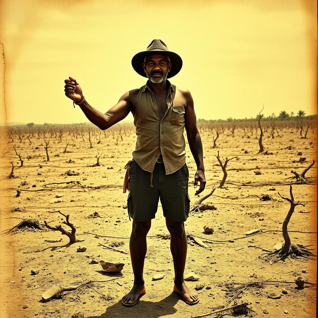 A cangaceiro holding the hands of a sertaneja in a barren northeastern Brazilian landscape, embodying the struggles between man and land