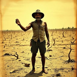 A cangaceiro holding the hands of a sertaneja in a barren northeastern Brazilian landscape, embodying the struggles between man and land