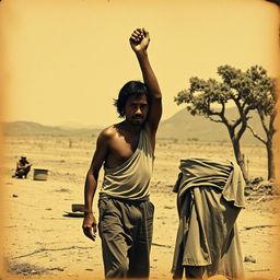 A cangaceiro holding the hands of a sertaneja in a barren northeastern Brazilian landscape, embodying the struggles between man and land