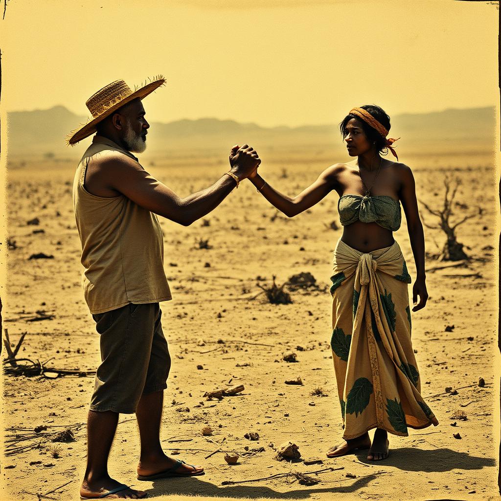 A cangaceiro holding the hands of a sertaneja in a barren northeastern Brazilian landscape, embodying the struggles between man and land